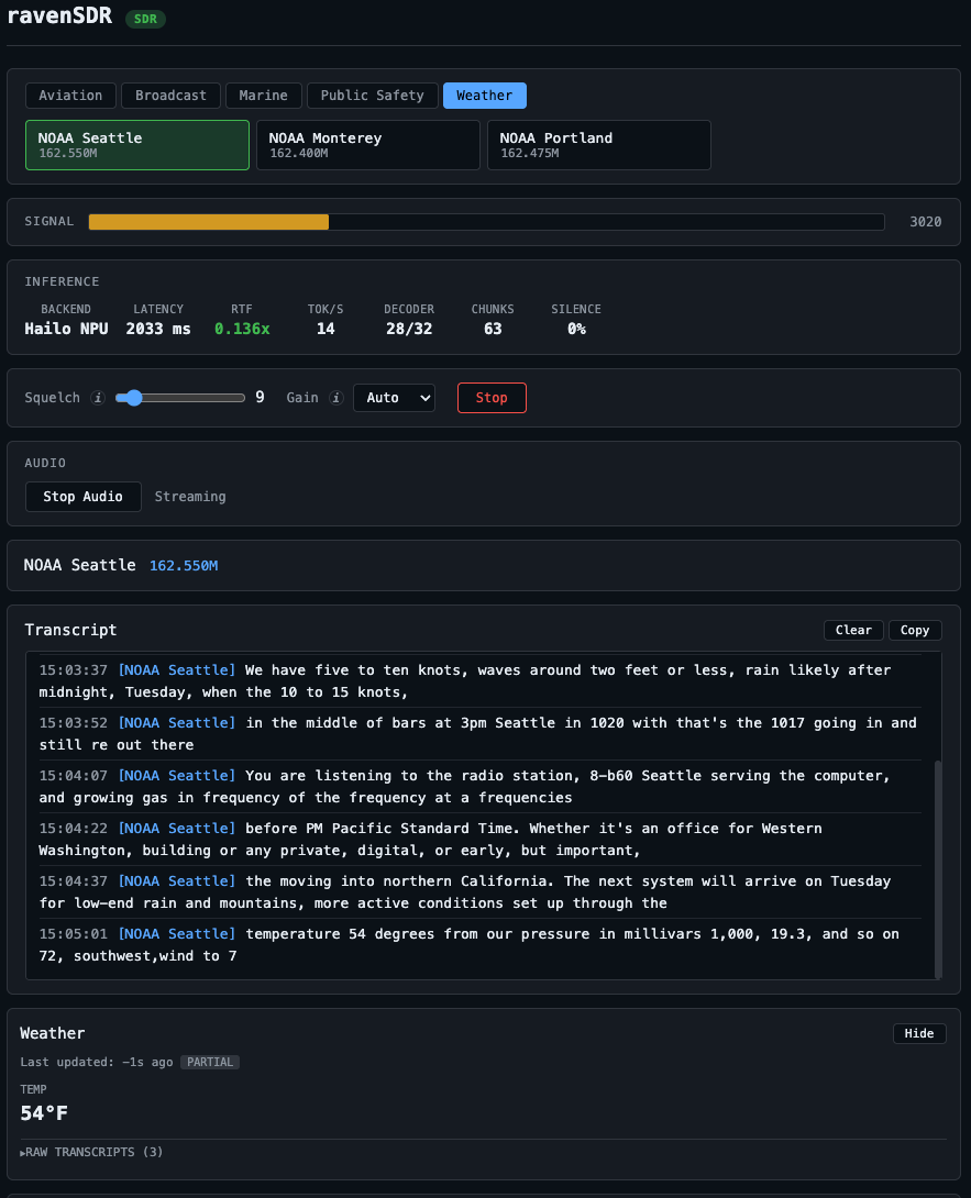ravenSDR demo — live RF transcription